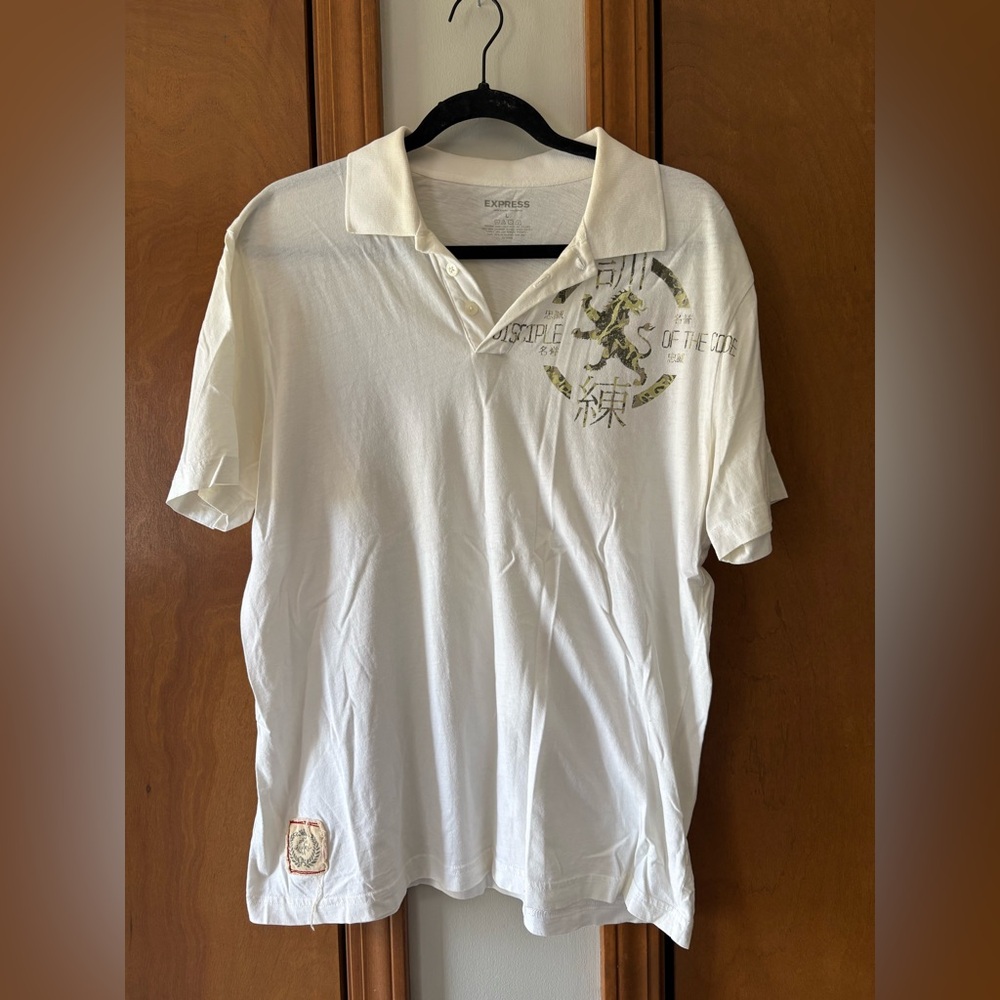 Express White Polo with Subtle Olive Graphic